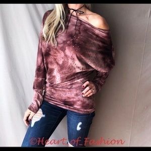 Off Shoulder Distressed Cutout Tye Dye Dolman Top